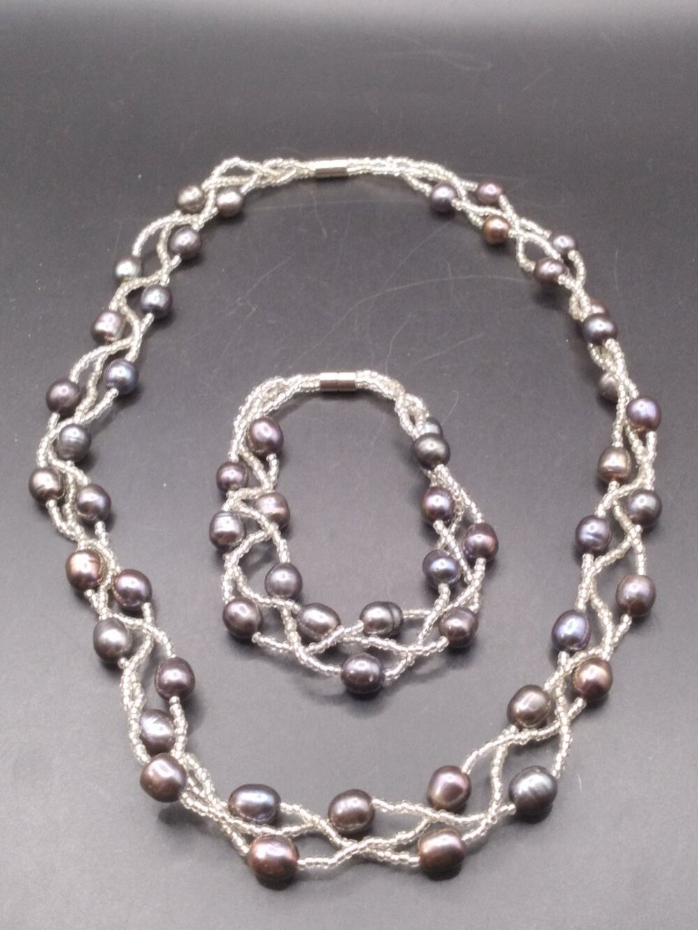 Genuine Black Pearl 18'' Necklace and 7 1/2'' Bracelet Set silver glass beads